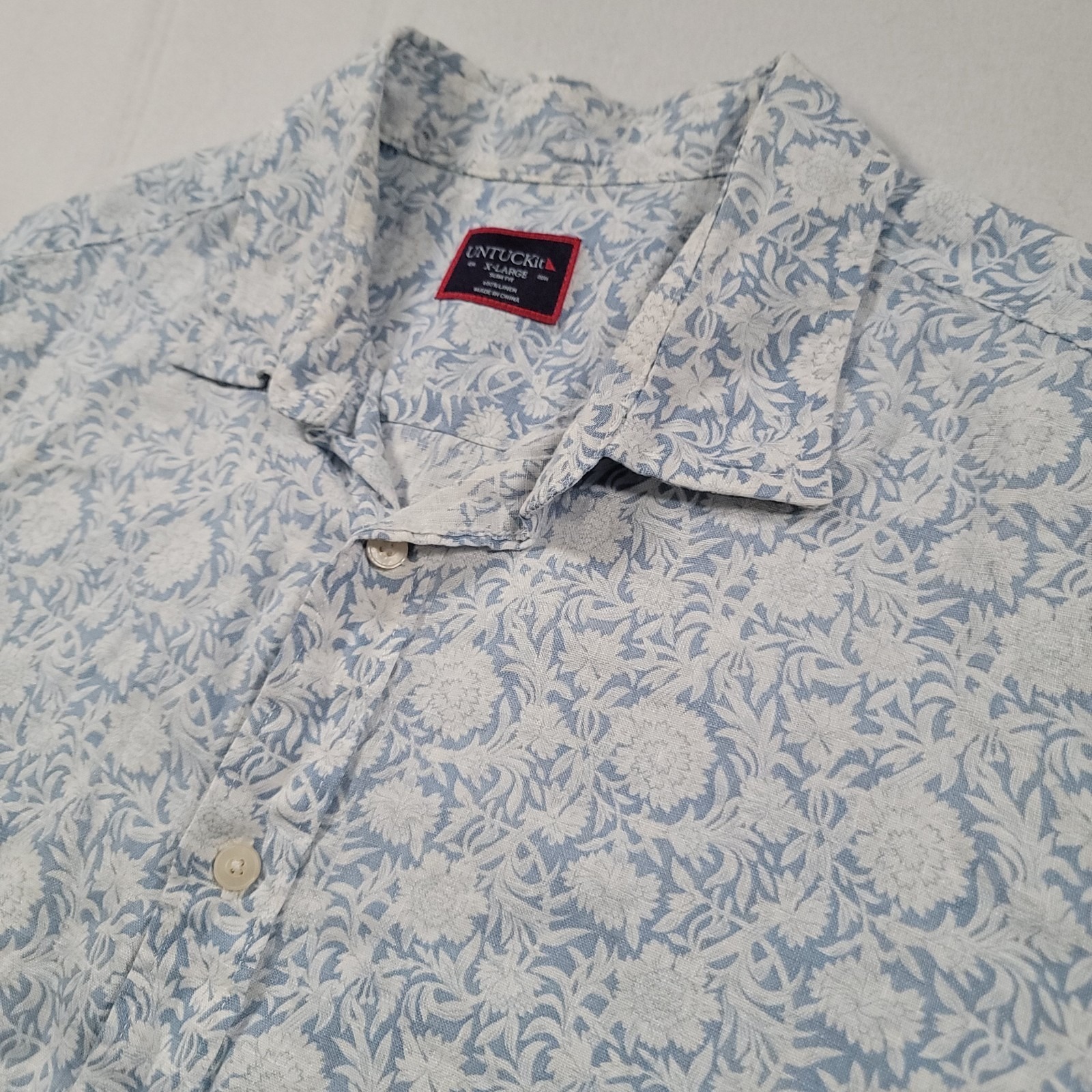 Untuckit Linden 100% Linen Short Sleeve Button-Down Shirt Blue White Floral Xl